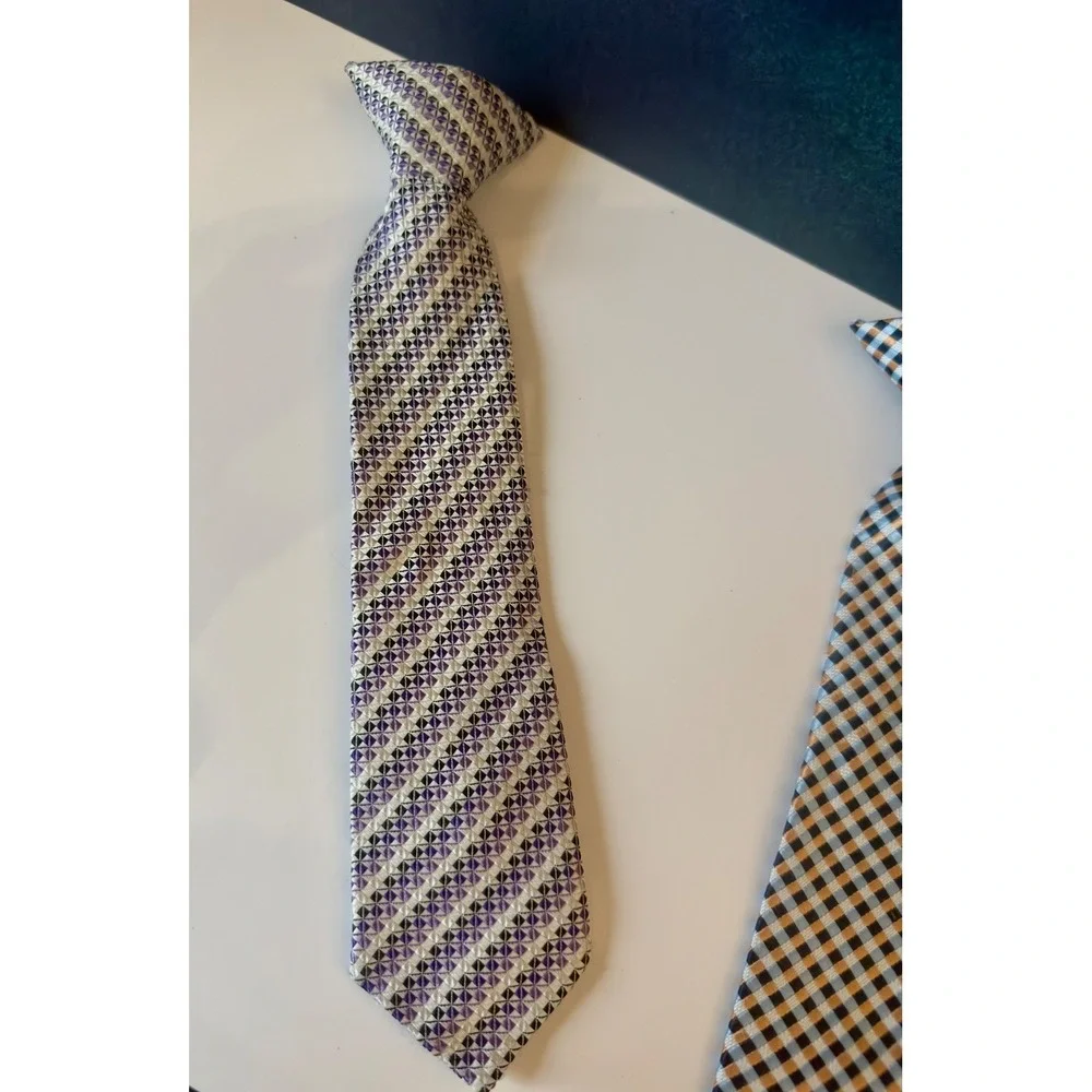 Boys Clip On Necktie Lot of 4 Striped Plaid Geometric Formal‎ Tie Ages 6-10